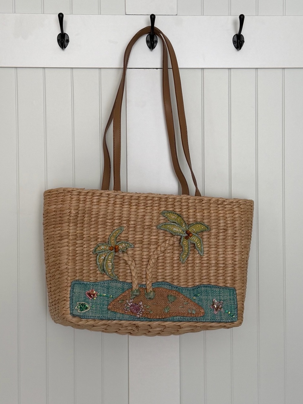Vintage 2002 Cappelli Straworld Embroidered Palm Tree Straw Tote Y2K